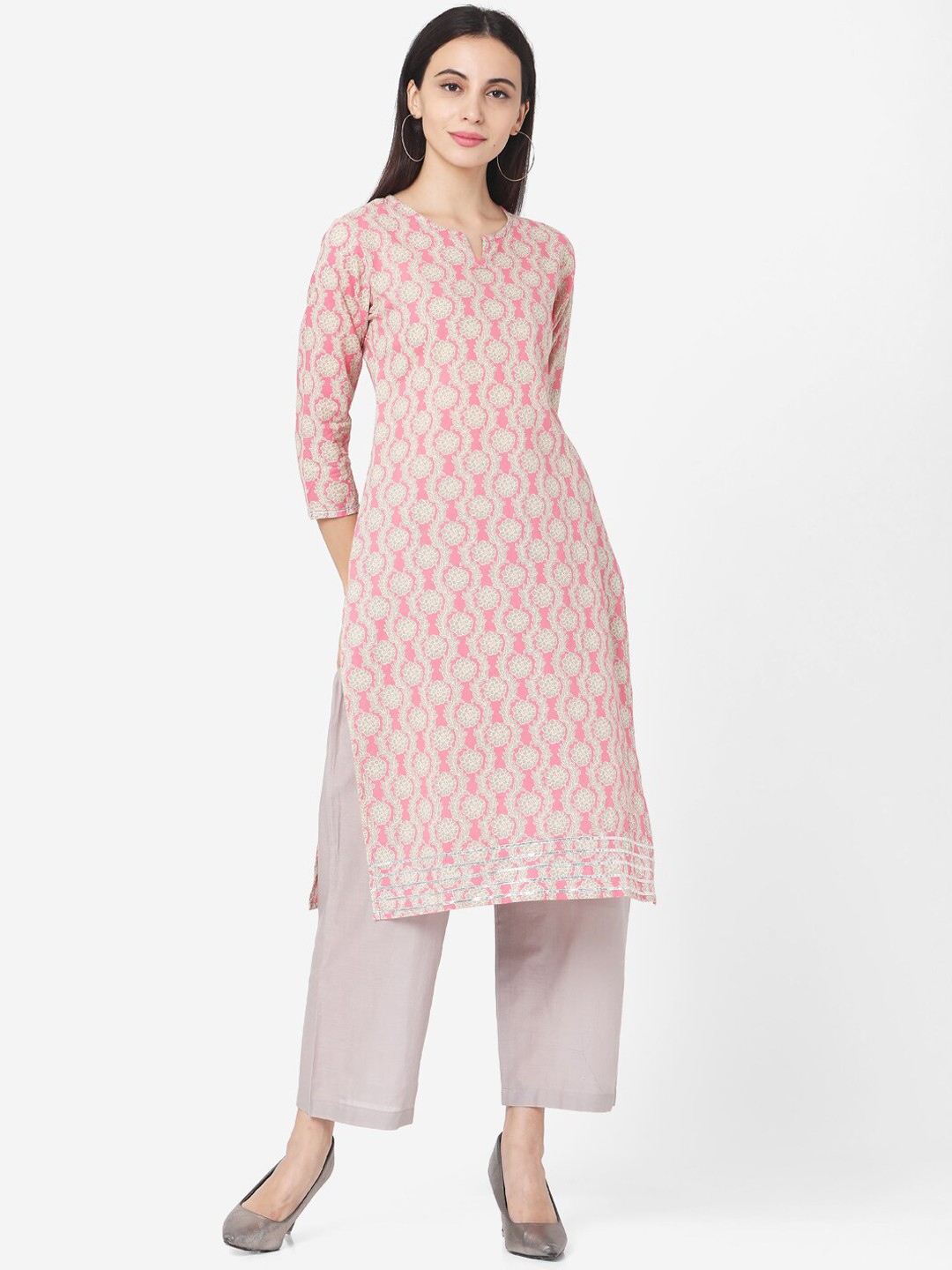

Saanjh Pink Floral Printed Pure Cotton Kurta With Trousers