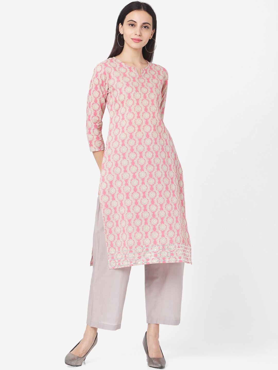 

KALINI Floral Printed Regular Pure Cotton Kurta with Trousers, Pink