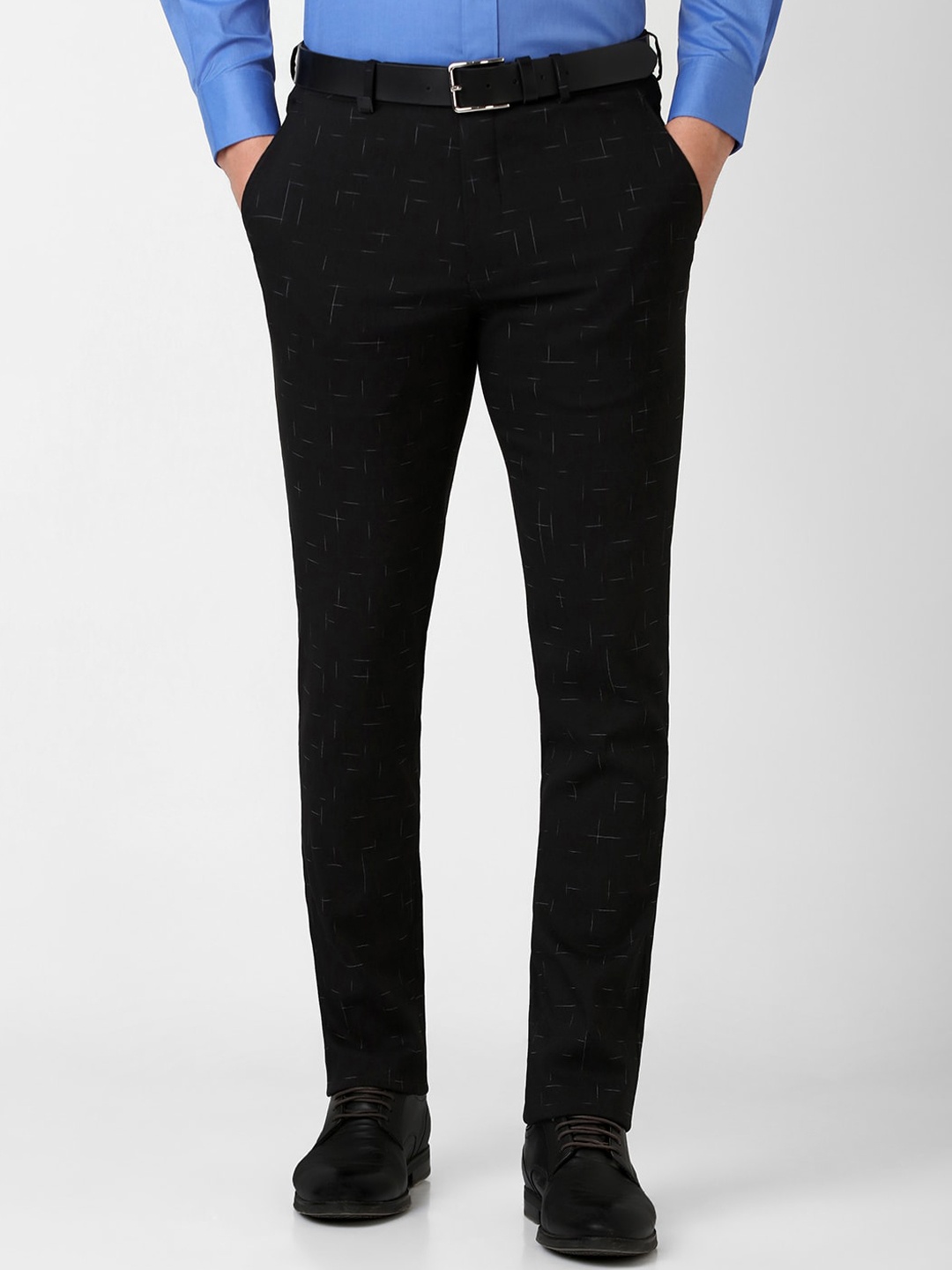 

V Dot Men Geometric Printed Skinny Fit Formal Trousers, Black