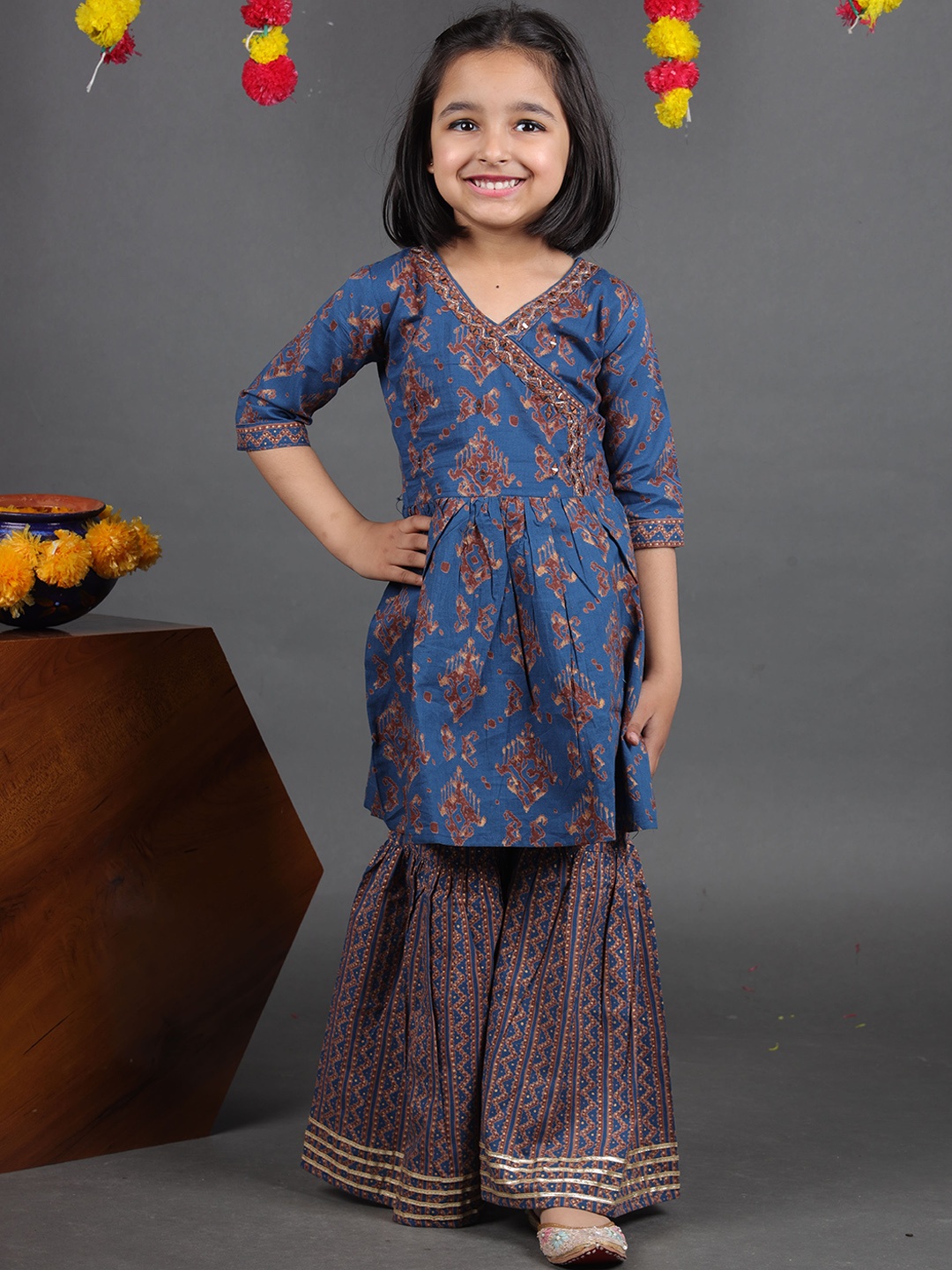 

Maaikid Girls Floral Printed Regular Pure Cotton Kurta With Sharara, Blue