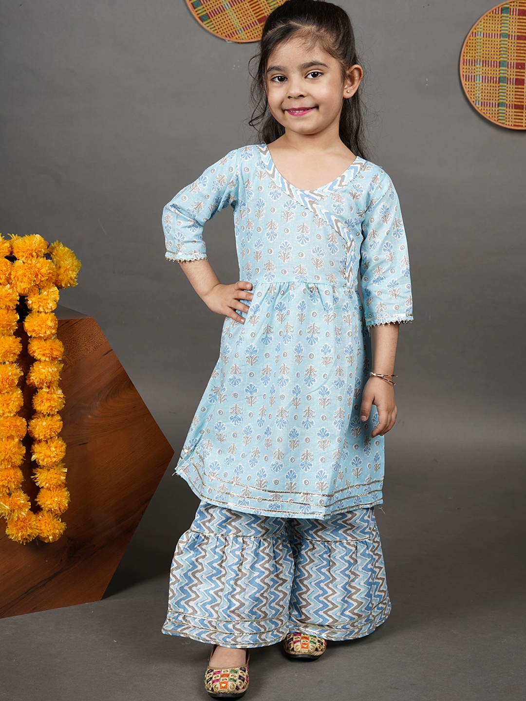 

Maaikid Girls Floral Printed Pure Cotton Kurta With Sharara, Blue