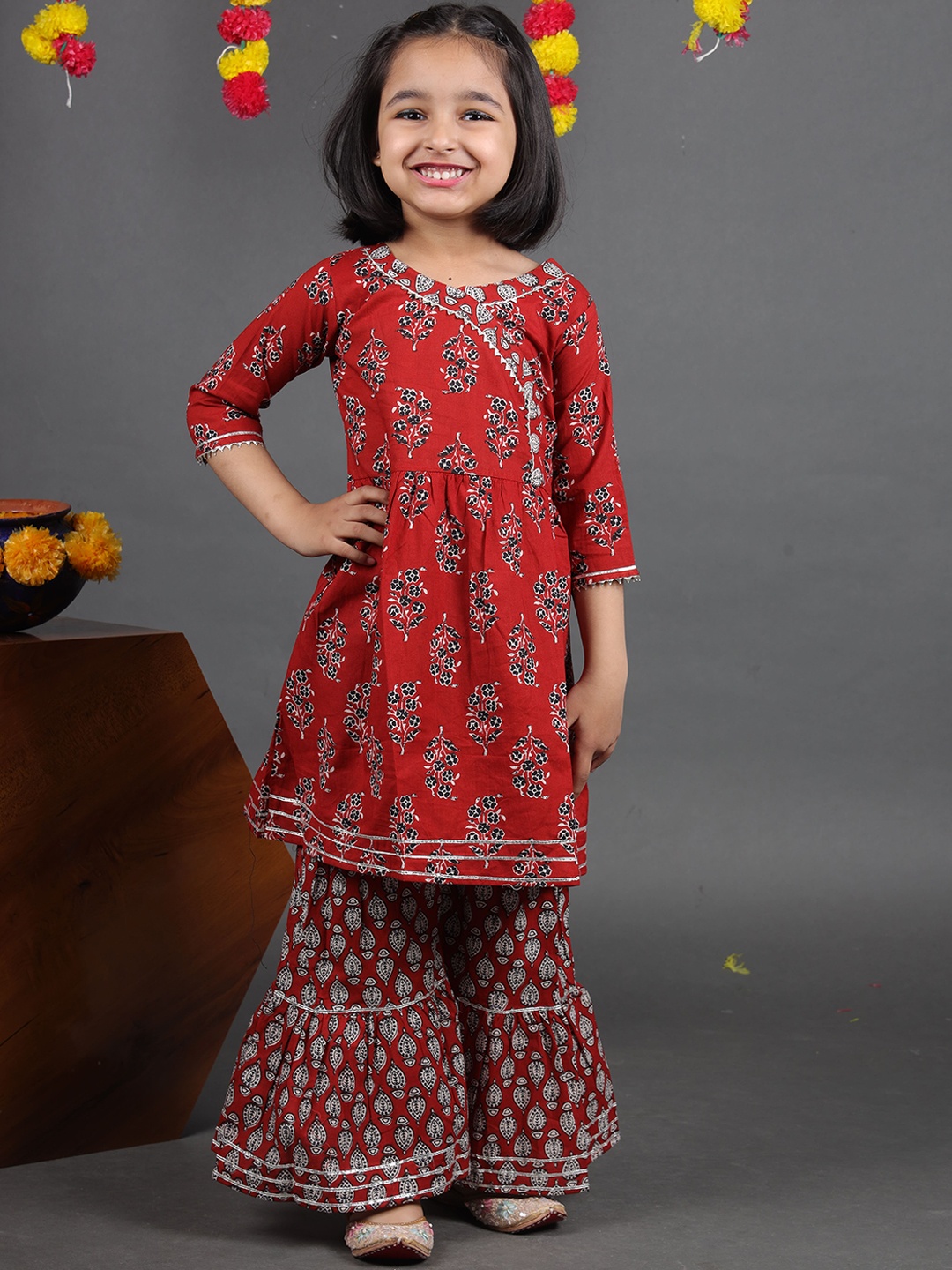 

Maaikid Girls Floral Printed Pure Cotton Kurta With Sharara, Maroon