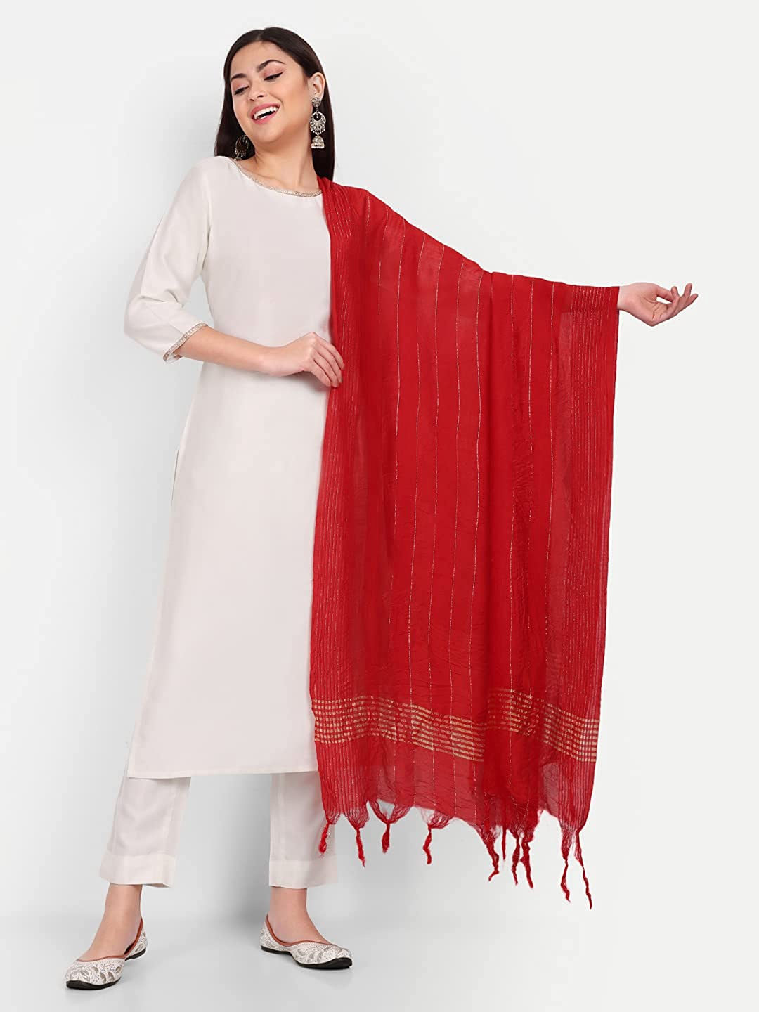

Mitera Red & Gold-Toned Striped Dupatta With Tasselled Border