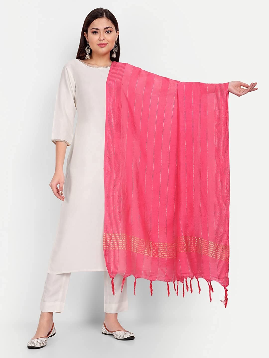 

Mitera Pink & Gold-Toned Striped Dupatta With Tasselled Border