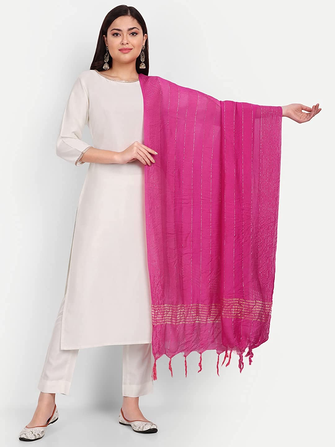 

Mitera Pink & Gold-Toned Striped Dupatta With Tasselled Border