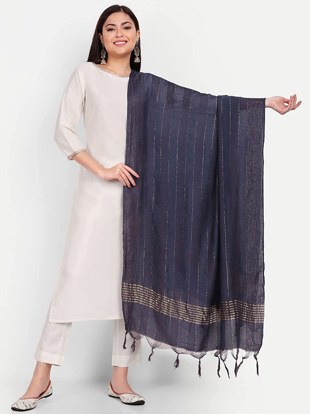 

Mitera Navy Blue & Gold-Toned Striped Cotton Dupatta