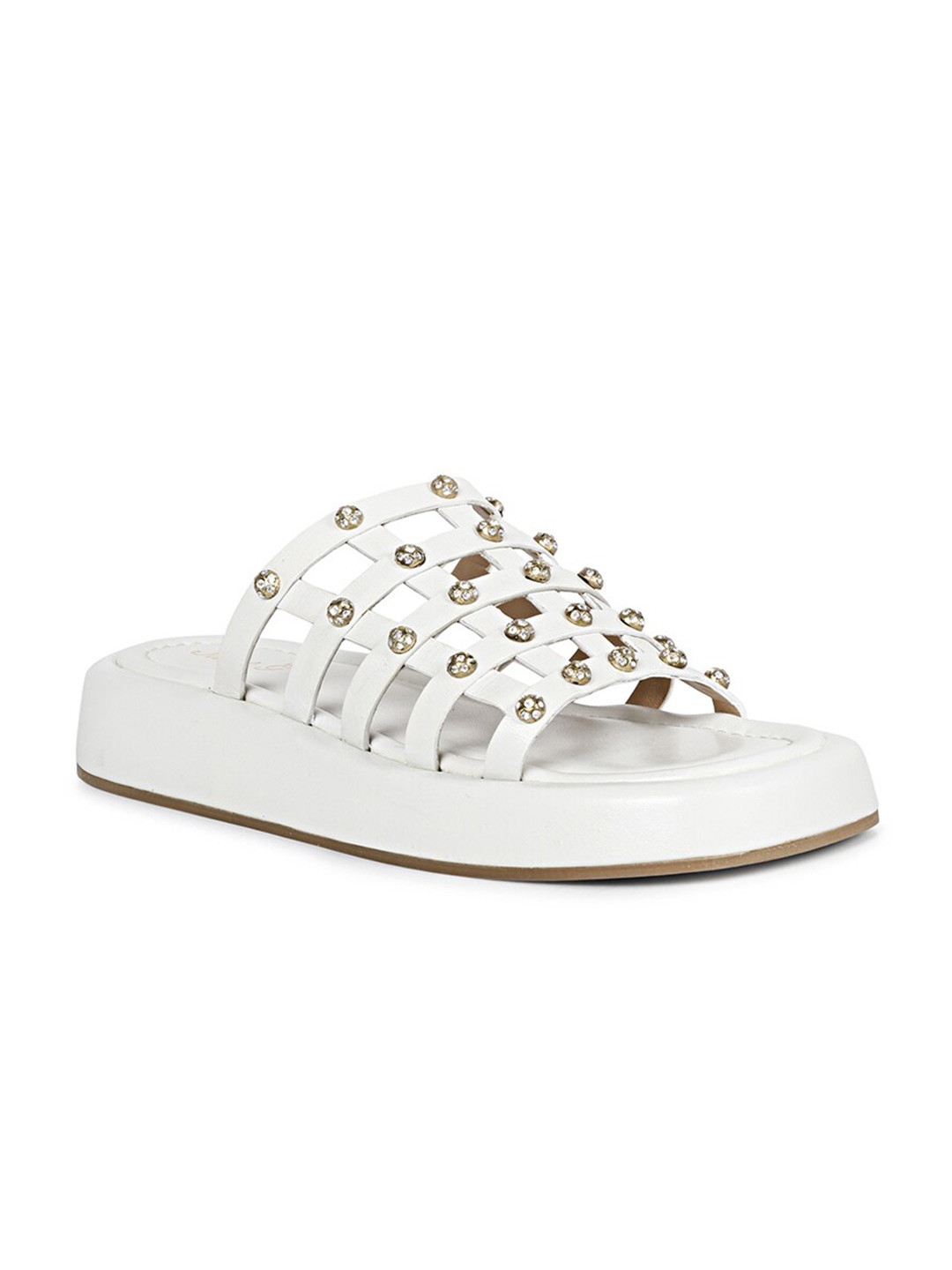 

Saint G Embellished Leather Open Toe Flats, White