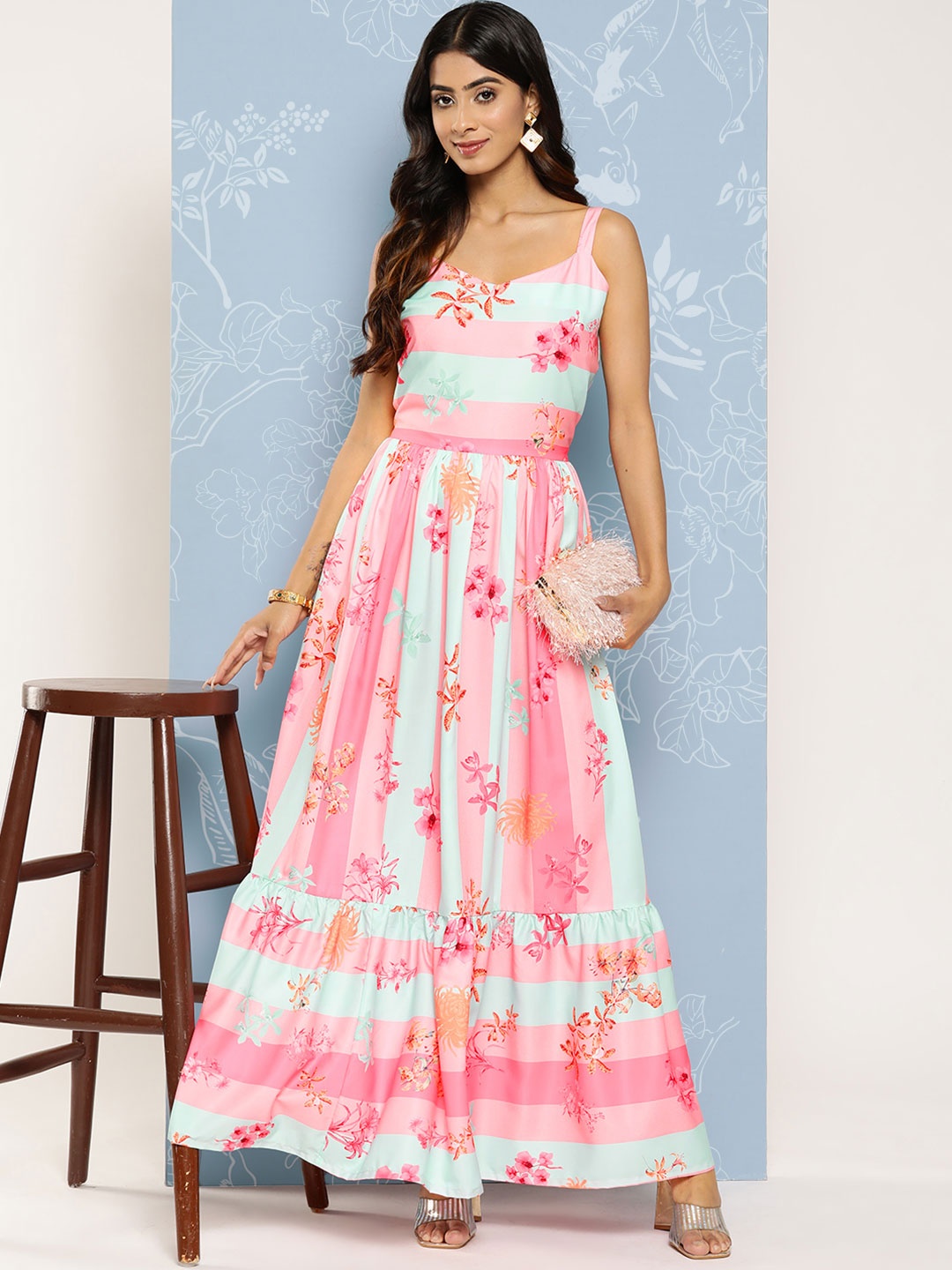 

Ahalyaa Striped Floral Print Crepe Maxi Ethnic Dress, Pink