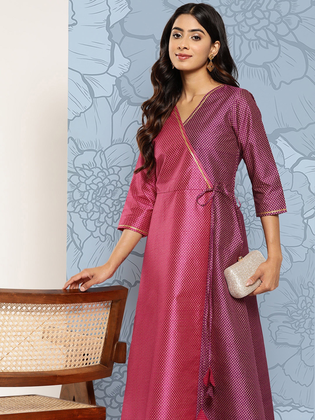 

Ahalyaa Colourblocked Printed Wrap Ethnic Dress, Purple