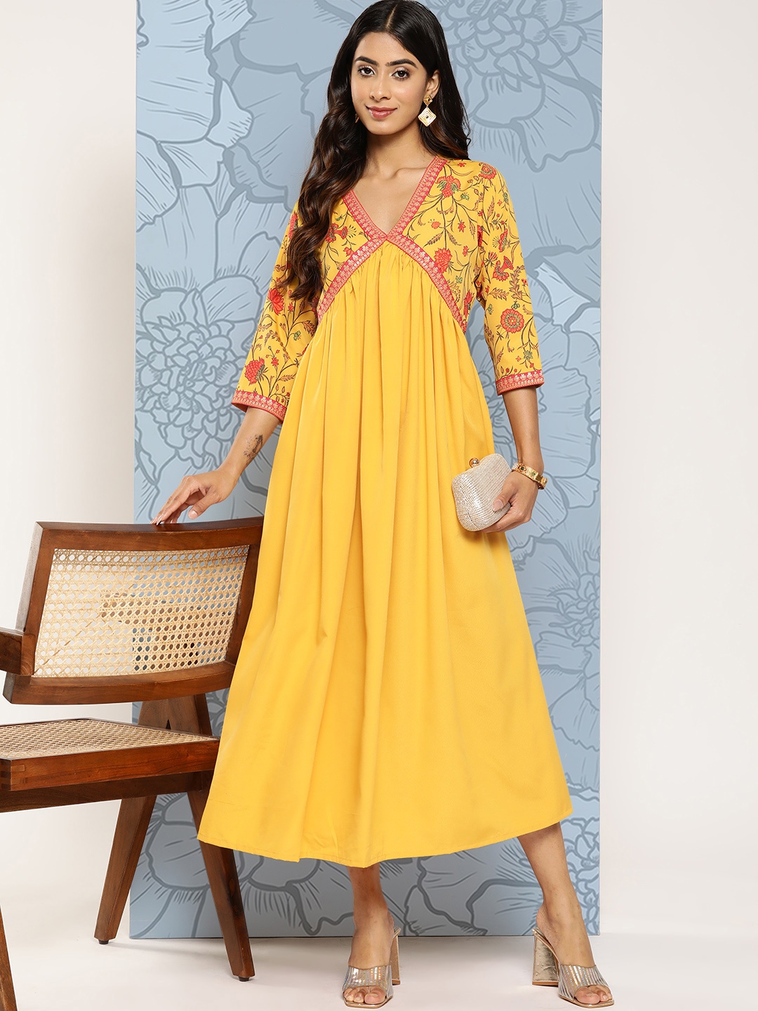 

Ahalyaa Floral Print Crepe Empire Midi Ethnic Dress, Mustard