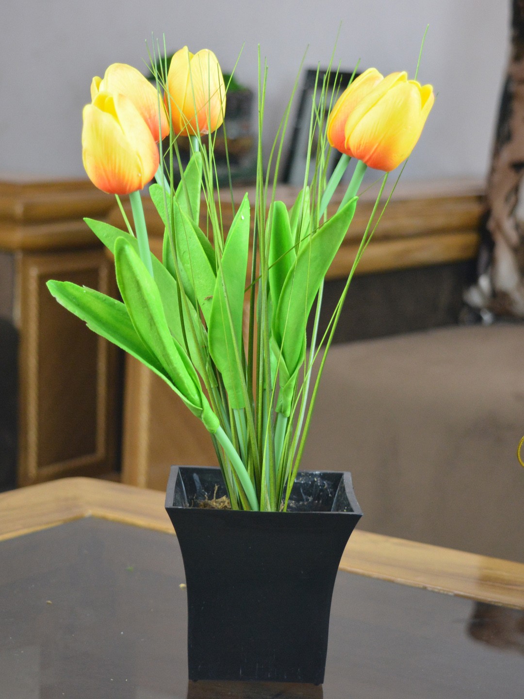 

fancy mart Artificial Flower Tulip Grass with Pot, Green