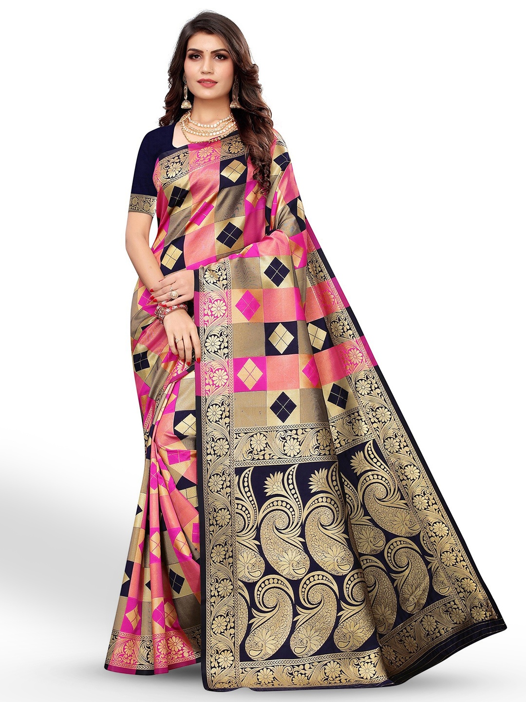 

Anouk Pink & Navy Blue Ethnic Motifs Woven Design Zari Banarasi Saree