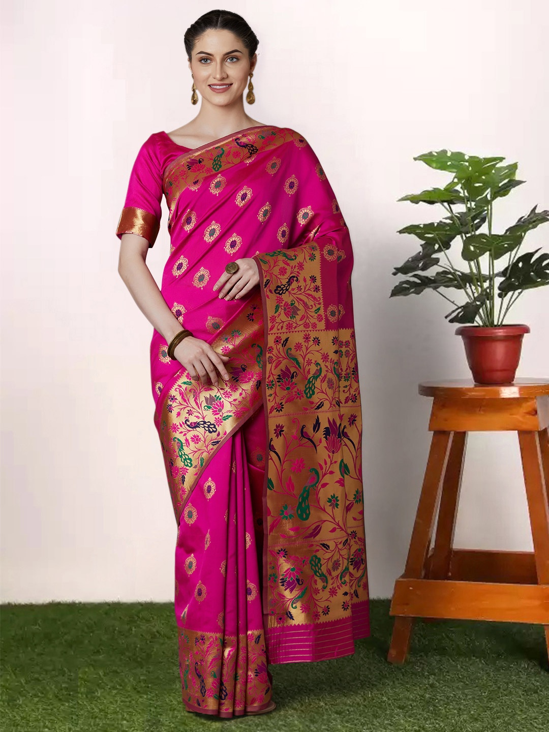 

Anouk Pink & Green Ethnic Motifs Woven Design Zari Banarasi Saree