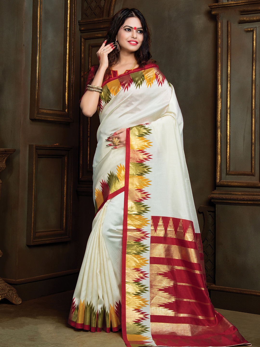 

Anouk Rustic Off White & Red Abstract Woven Design Zari Silk Blend Bagru Saree