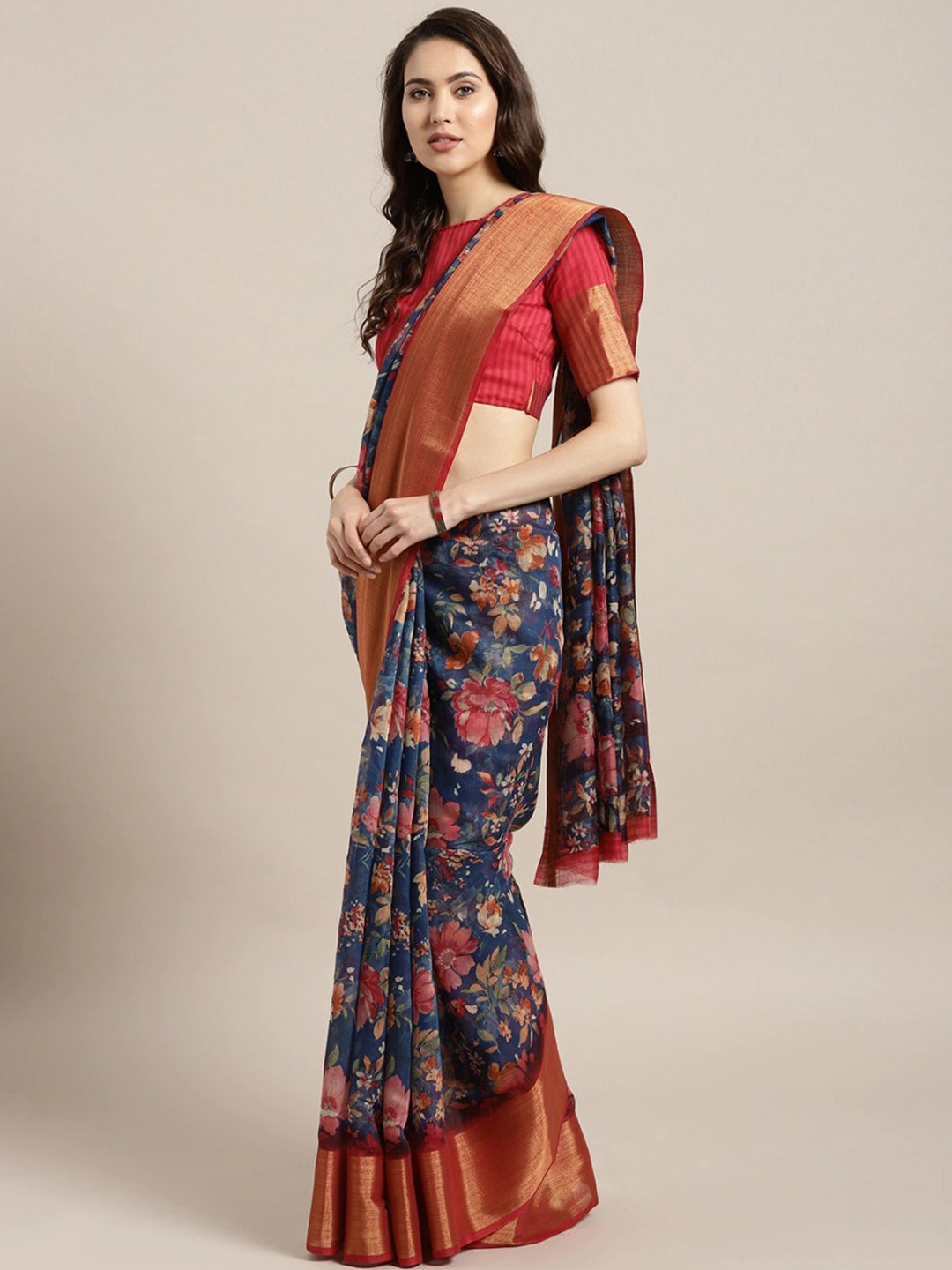

Anouk Navy Blue & Red Floral Zari Linen Blend Banarasi Saree