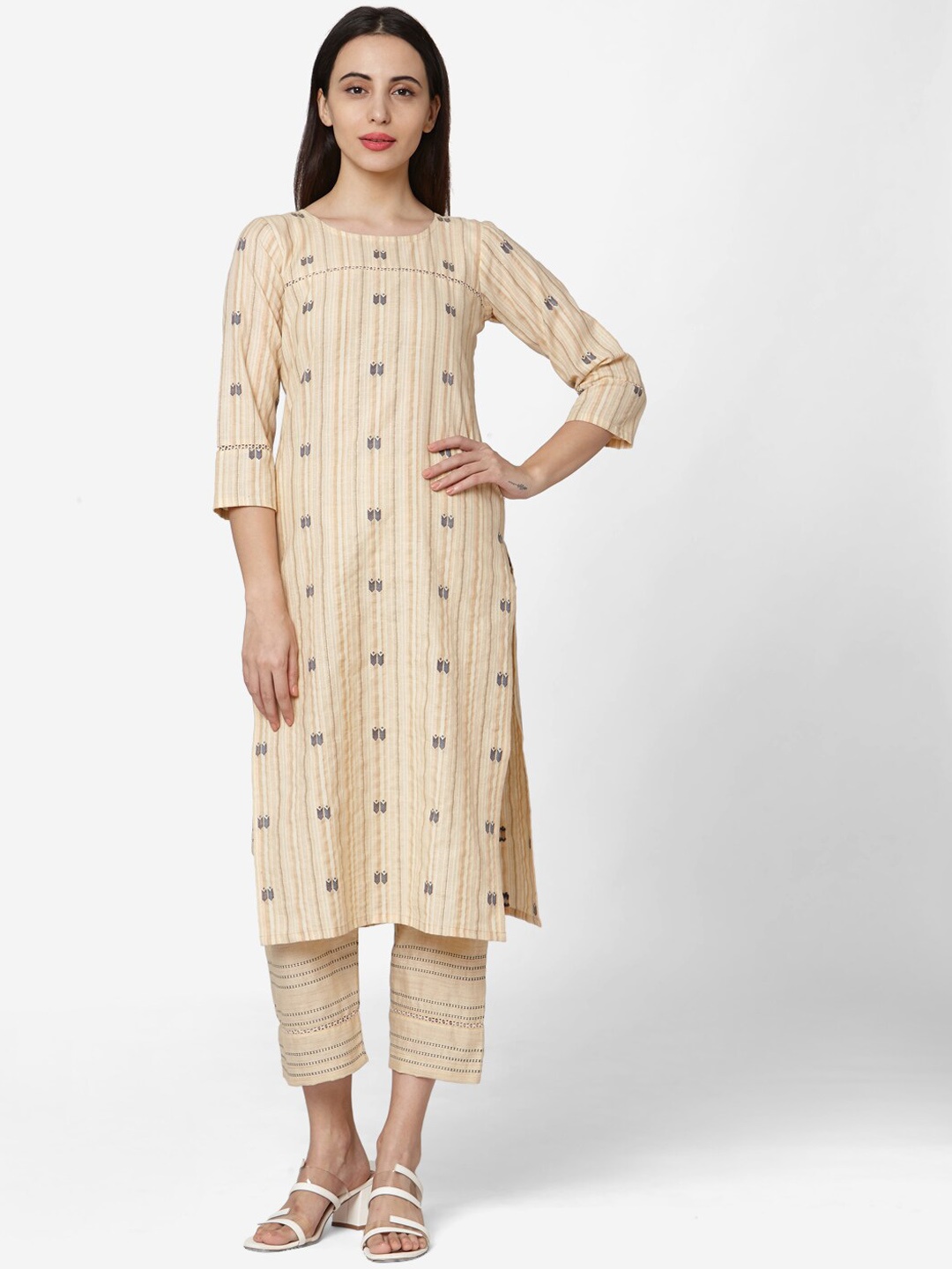 

KALINI Ethnic Printed & Striped Straight Pure Cotton Kurta With Trousers, Cream