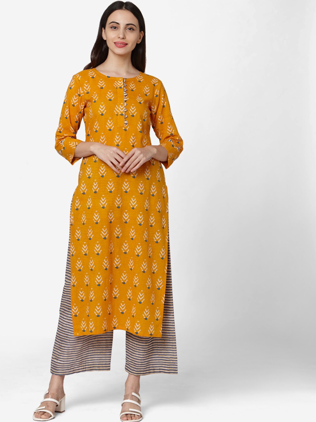 

KALINI Ethnic Motifs Printed Pure Cotton Kurta With Palazzos, Orange