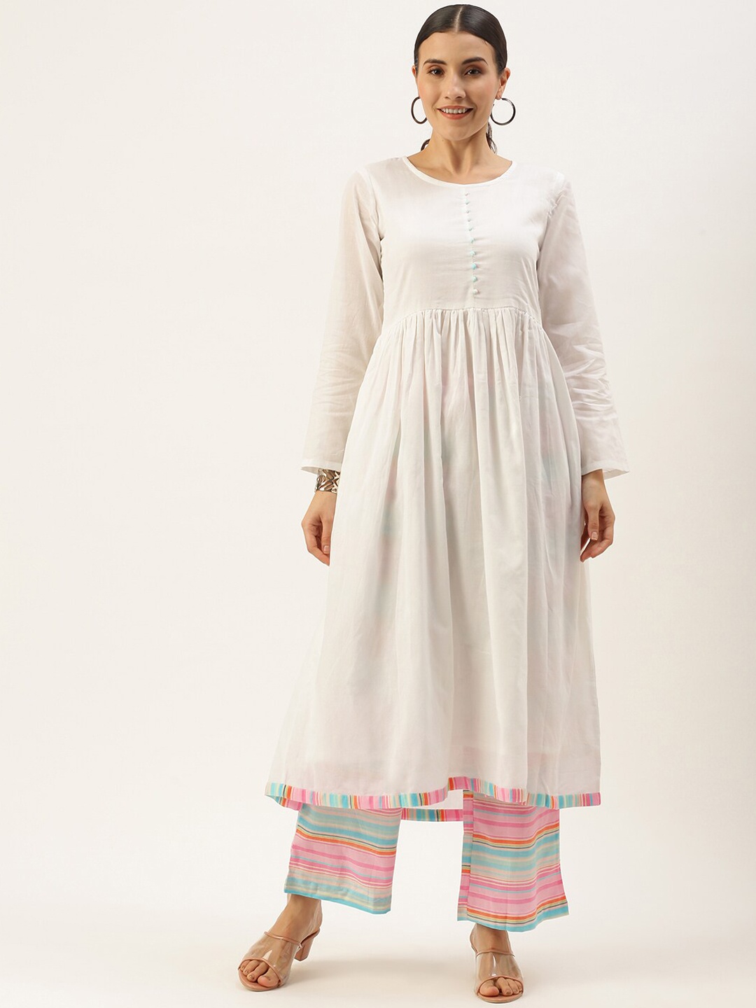 

Saanjh Empire Anarkali Pure Cotton Kurta With Striped Palazzos, White