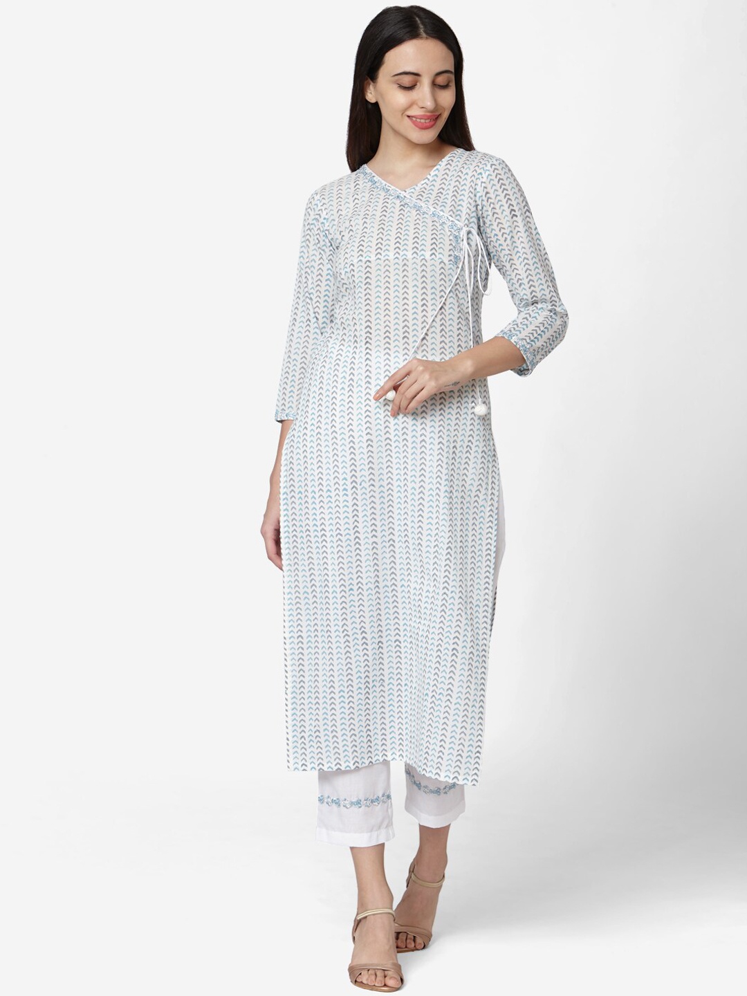 

Saanjh White Ethnic Motifs Printed Angrakha Pure Cotton Kurta with Palazzos