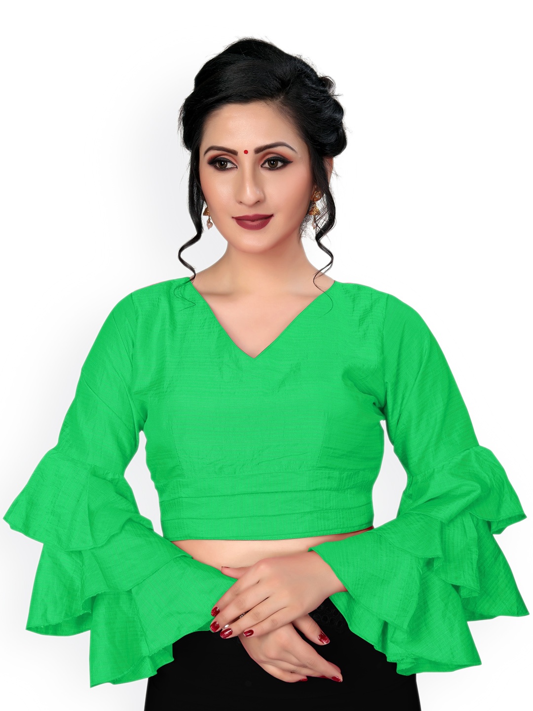 

Amrutam Fab V-Neck Ruffled Sleeve Silk Saree Blouse, Green