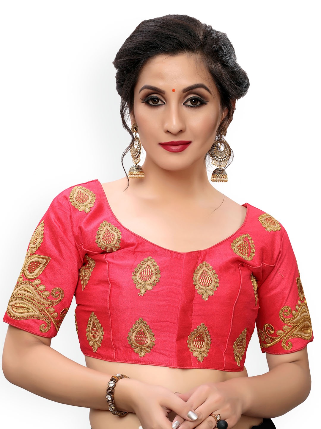 

Amrutam Fab Ethnic Motifs Embroidered Phantom Silk Saree Blouse, Pink