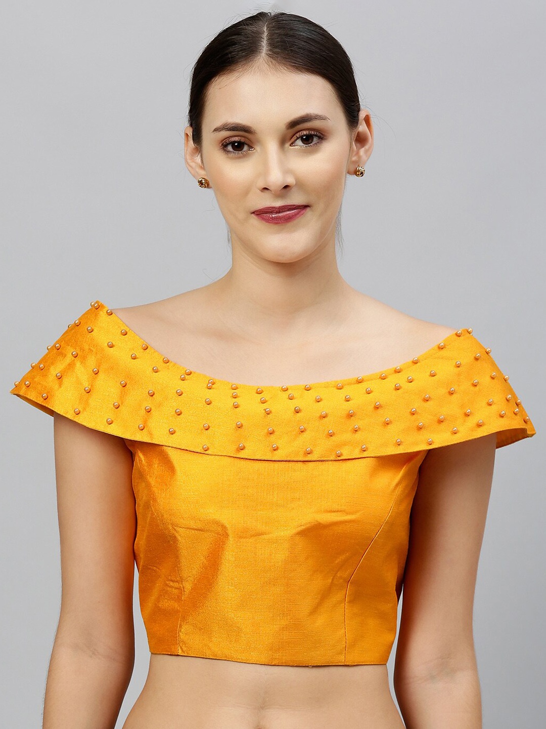 

Amrutam Fab Embellished Boat Neck Phantom Silk Saree Blouse, Yellow