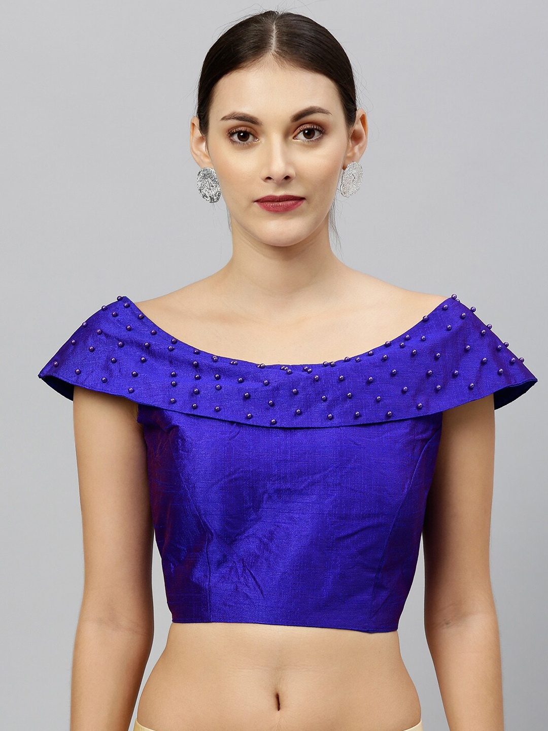 

Amrutam Fab Embellished Boat Neck Silk Saree Blouse, Blue