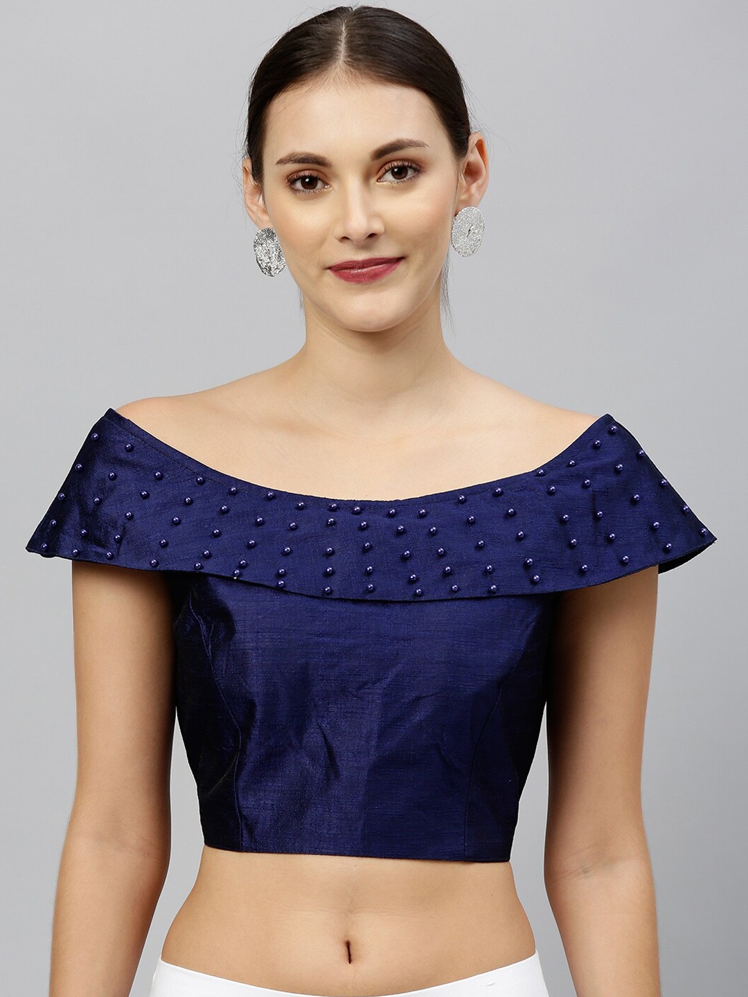 

Amrutam Fab Beads Embellished Boat Neck Silk Saree Blouse, Navy blue