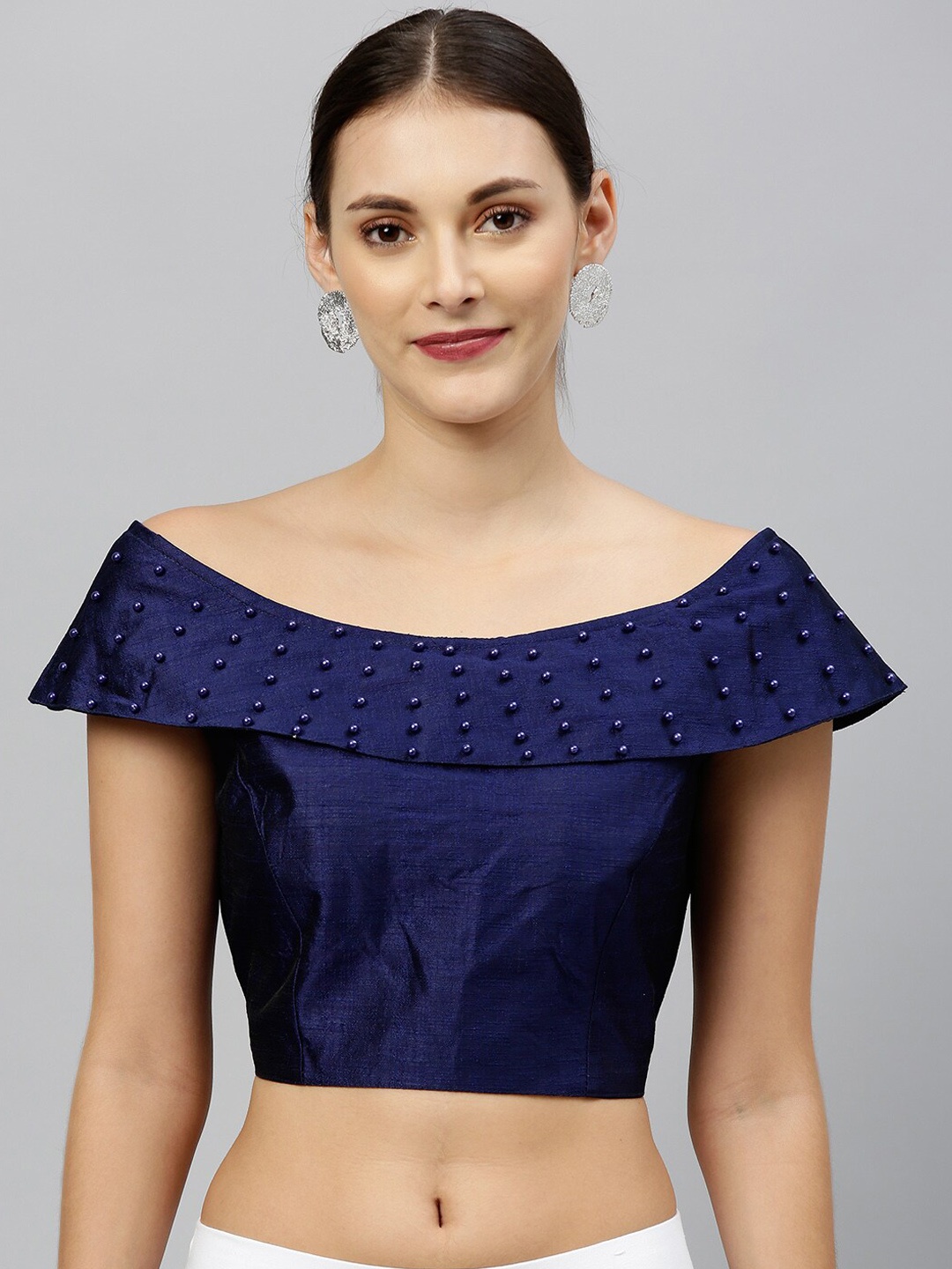 

Amrutam Fab Beads Embellished Boat Neck Silk Saree Blouse, Navy blue