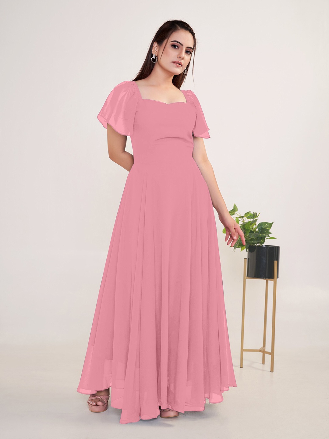 

Femvy Sweetheart Neck Flared Sleeves Maxi Dress, Peach