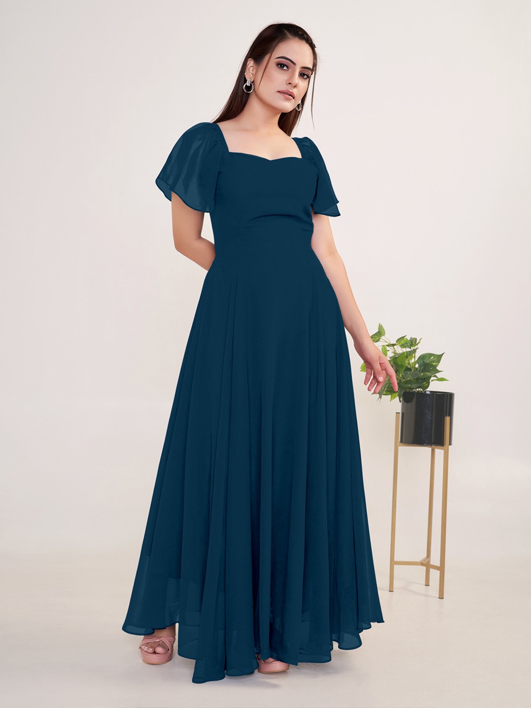 

Femvy Sweetheart Neck Bell Sleeves Georgette Maxi Dress, Blue