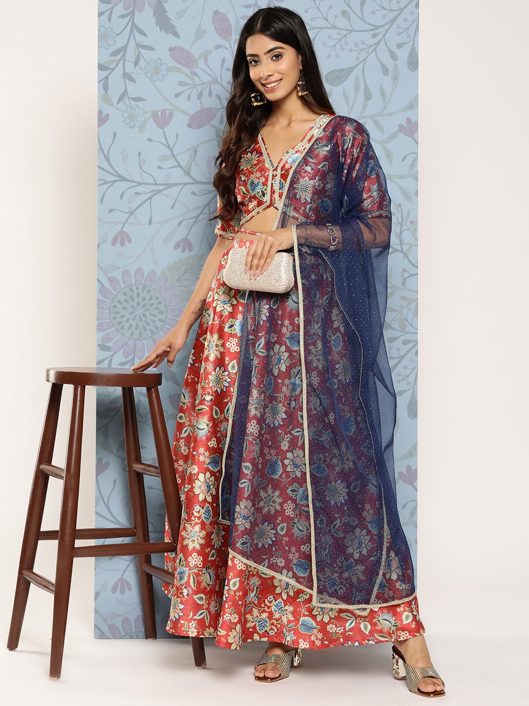 

Ahalyaa Printed Zari Ready to Wear Lehenga & Blouse With Dupatta, Rust