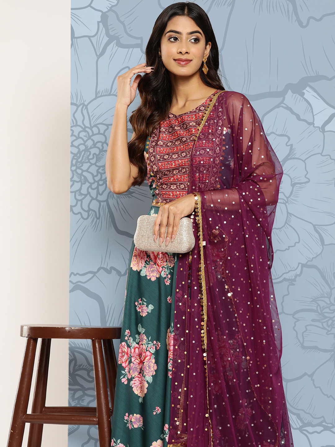 

Ahalyaa Printed Sequinned Ready to Wear Lehenga & Blouse With Dupatta, Green