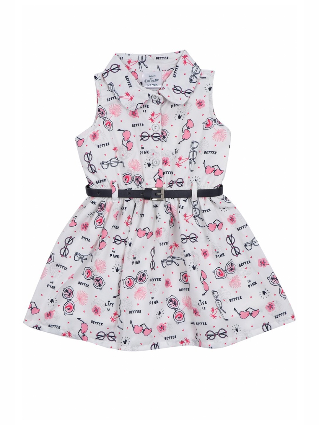 

Doodle Girls Conversational Printed Satin Fit & Flare Dress With Belt, White