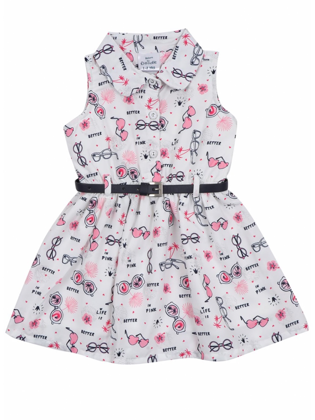 

Doodle Girls Conversational Printed Shirt Collar Fit & Flare Dress, White