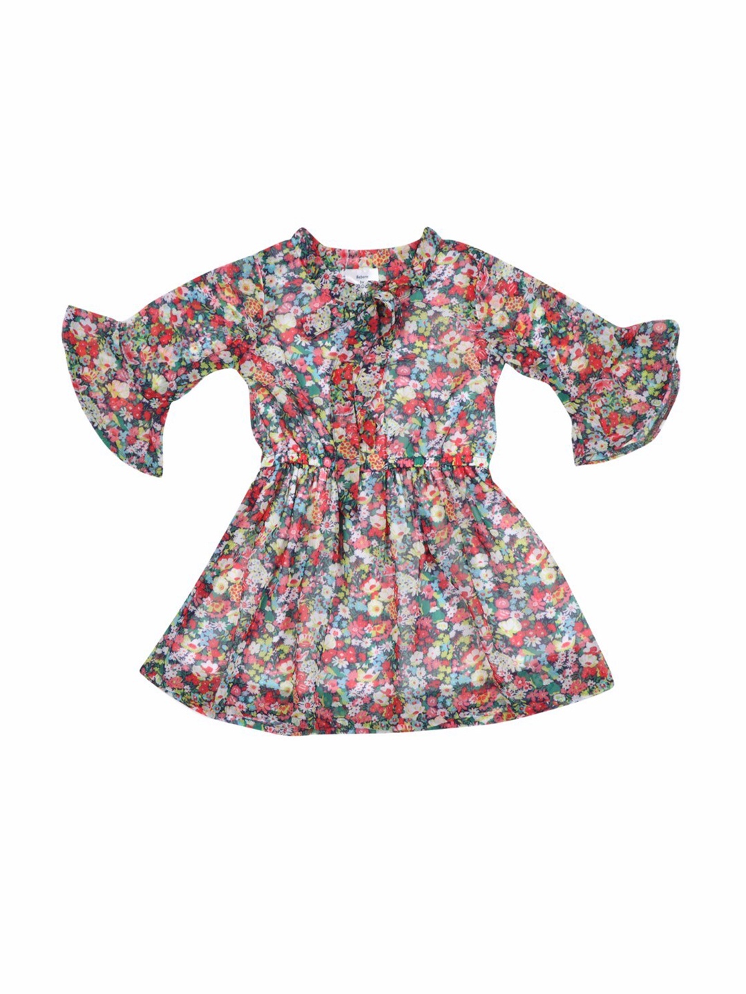 

Doodle Girls Floral Printed Bell Sleeves Chiffon Casual Fit & Flare Dress, Green