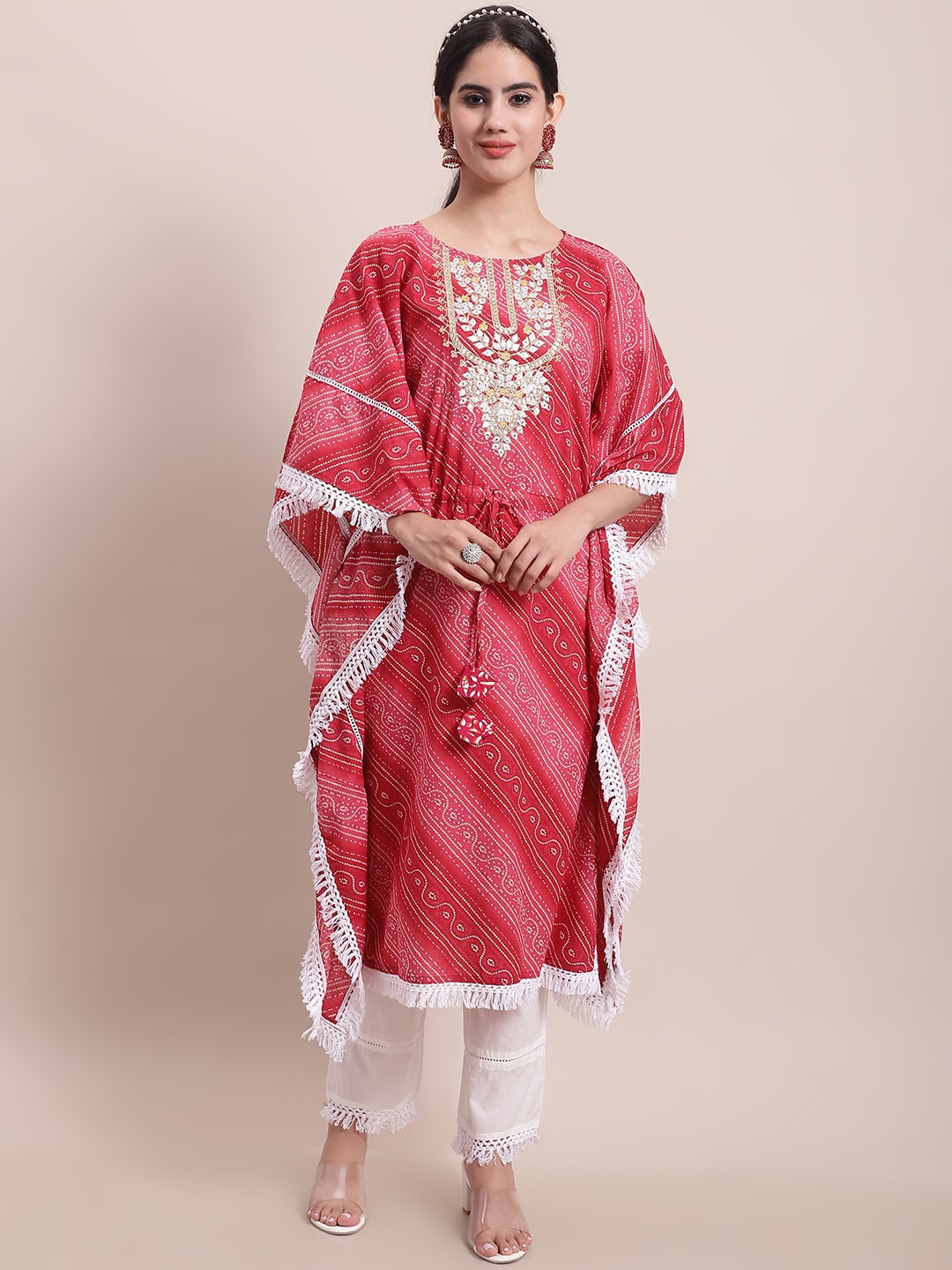 

Sangria Red Badhani Printed Thread Work Kaftan Kurta with Trousers
