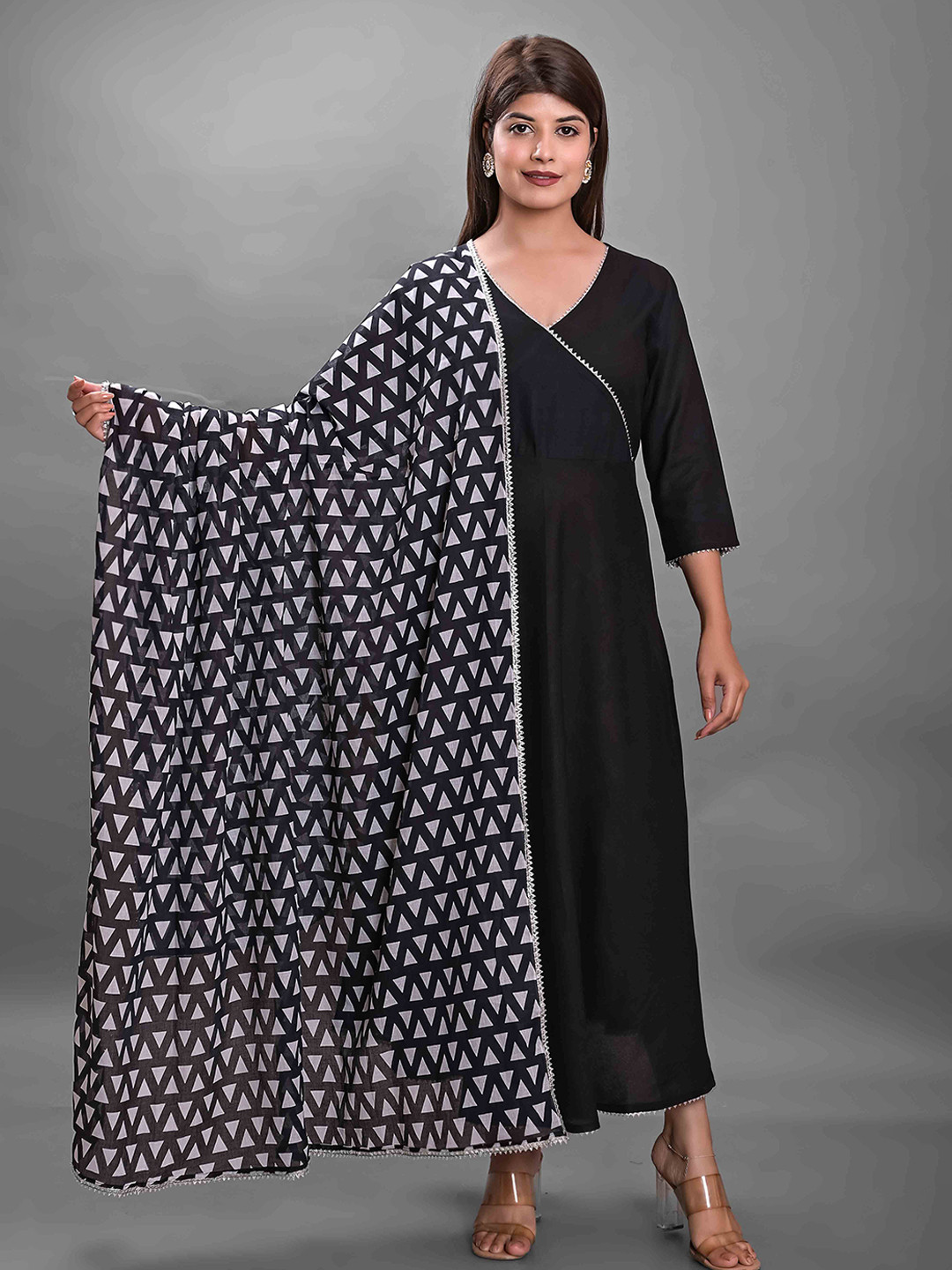 

JAIPUR FASHION MODE V-Neck Gotta Patti Detail A-Line Angrakha Ethnic Dress With Dupatta, Black