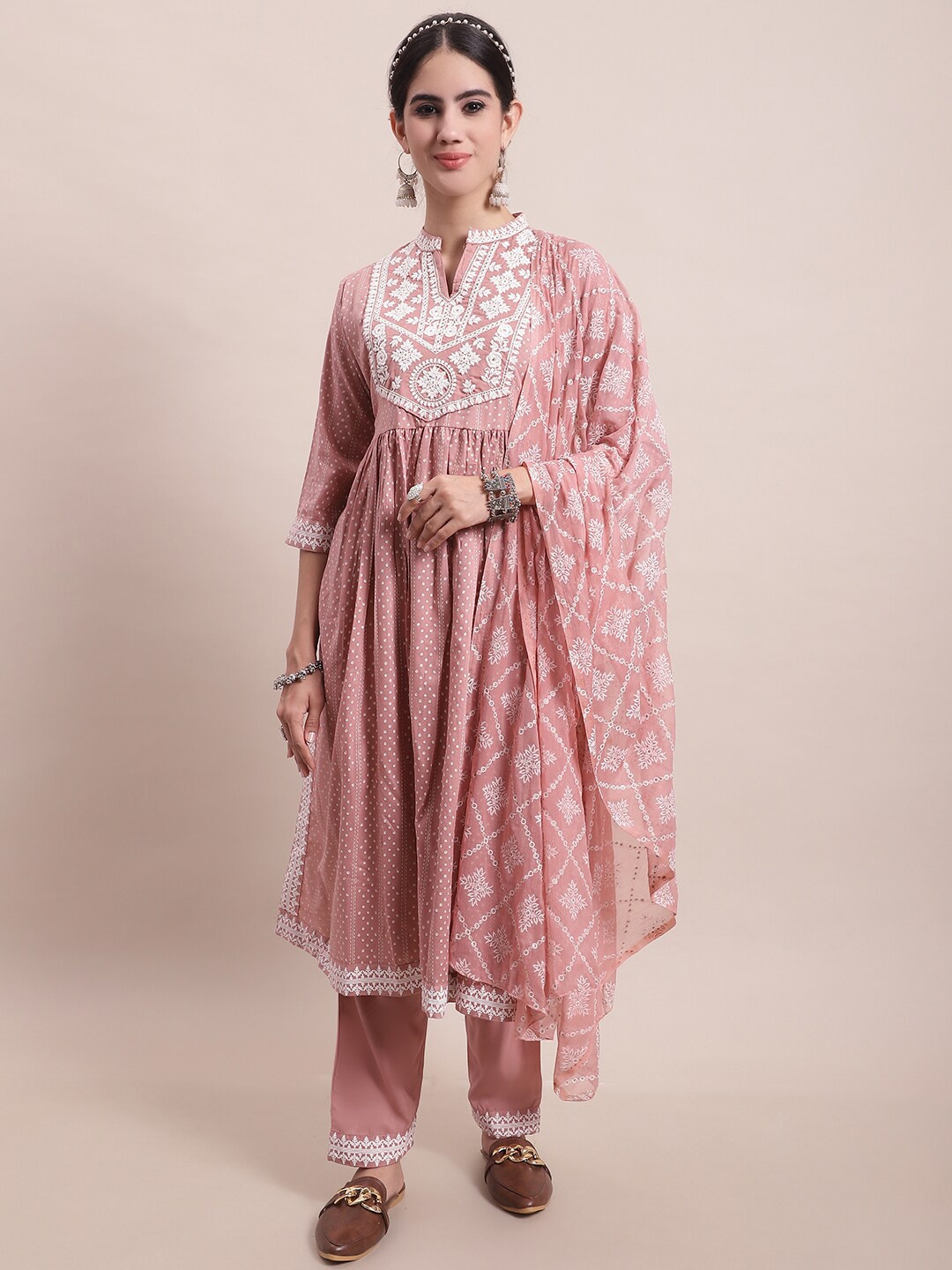 

KALINI Floral Embroidered Pleated Thread Work Kurta with Trousers & With Dupatta, Peach