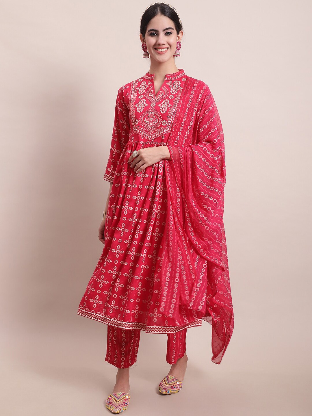 

KALINI Bandhani Printed Thread Work Kurta With Trousers & Dupatta, Red