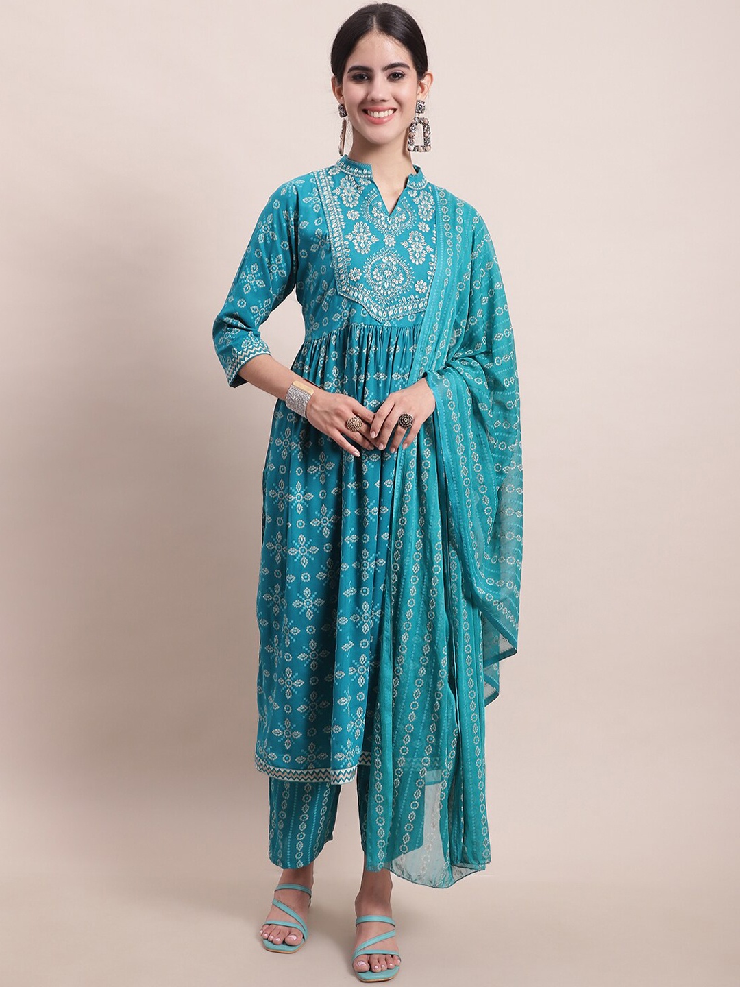

KALINI Bandhani Printed Anarkali Thread Work Kurta with Trousers & Dupatta, Blue