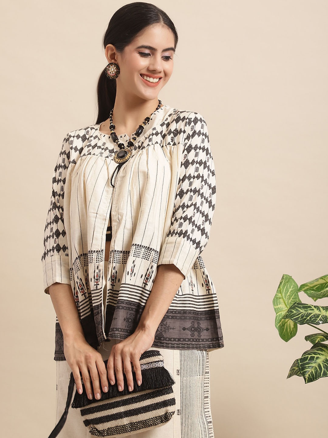

Sangria Embroidery Pure Cotton Crop Top With Palazzo & With Jacket, White