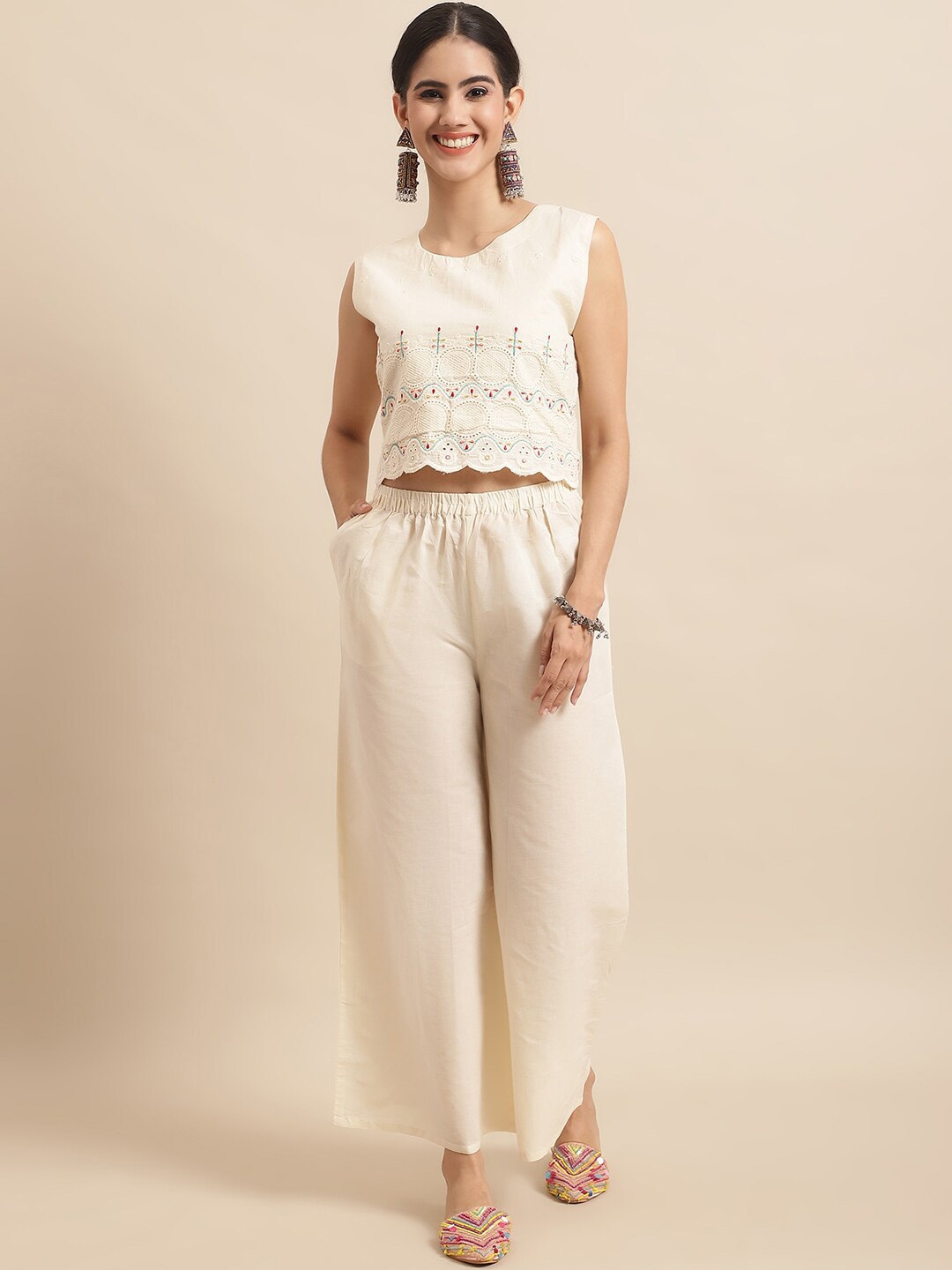 

Sangria Cream Embroidered Crop Top & Palazzo With Jacket