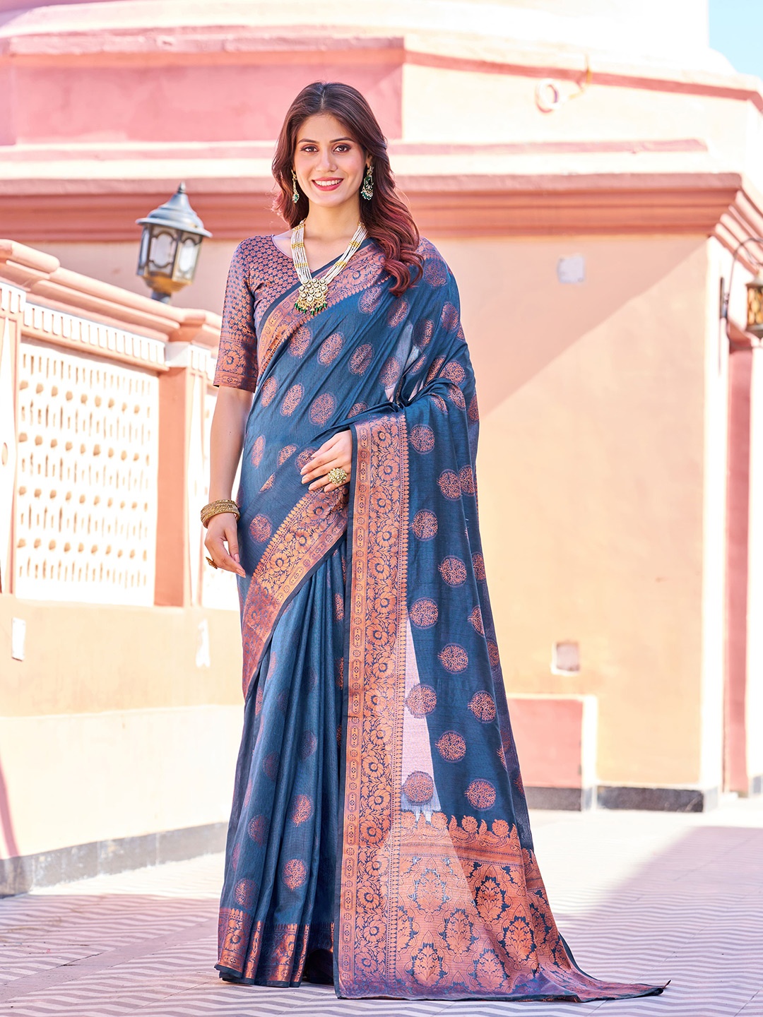 

elora Floral Woven Design Zari Bhagalpuri Saree, Blue