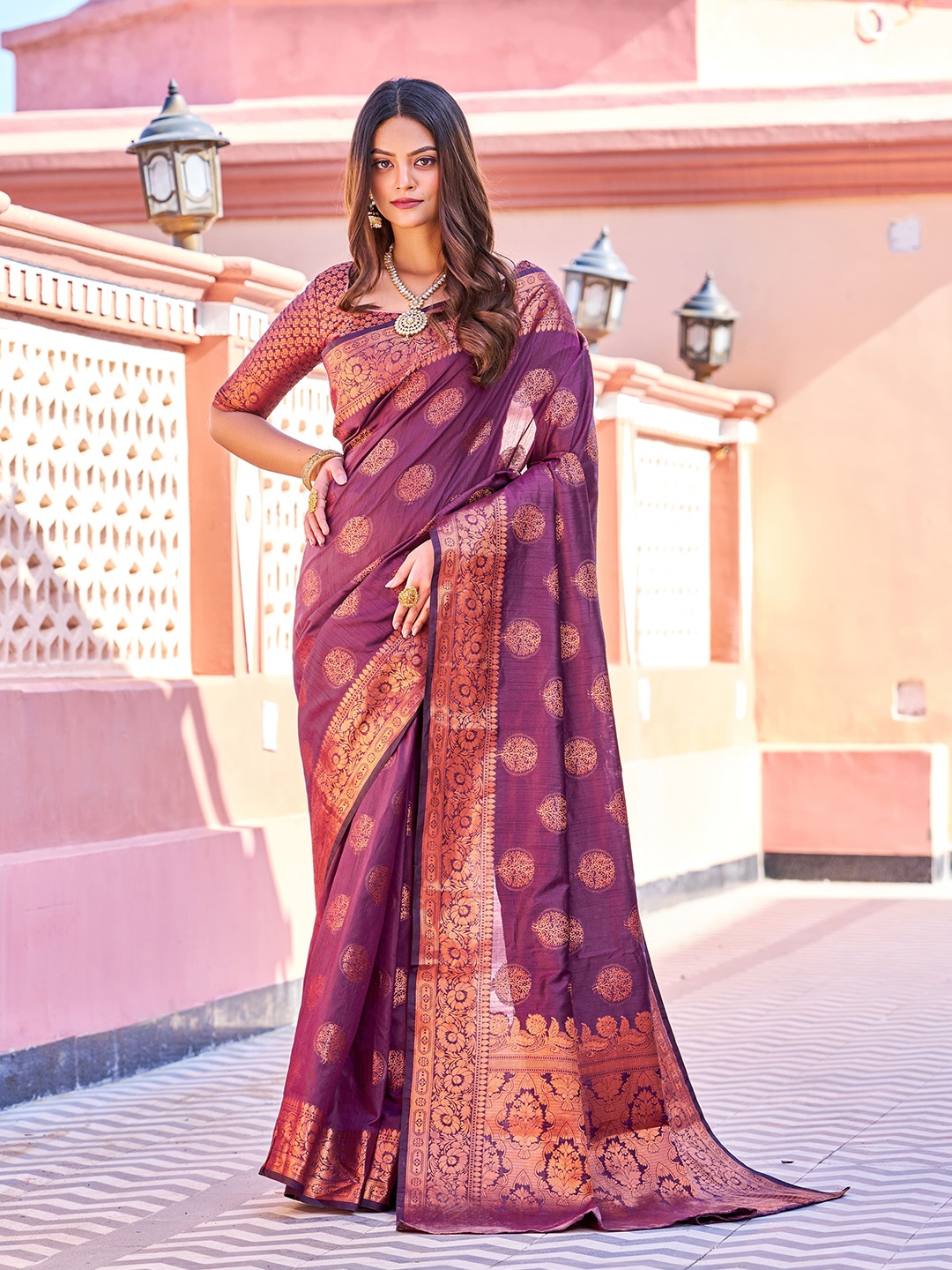 

elora Floral Woven Design Zari Bhagalpuri Saree, Purple