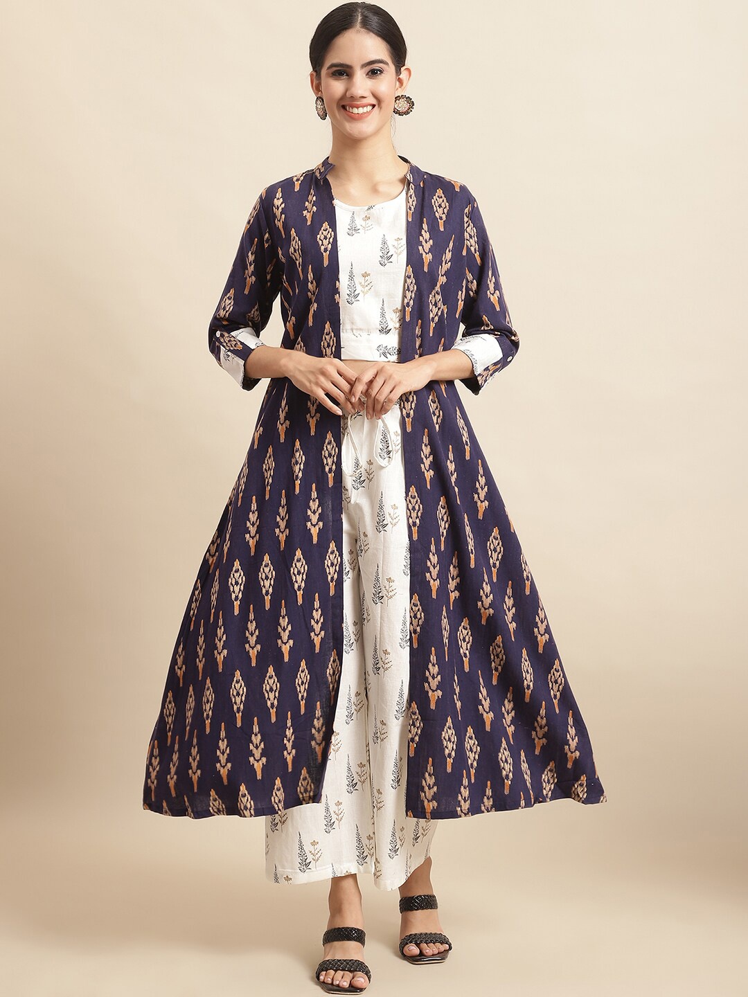 

Sangria Printed Pure-Cotton Crop-Top With Palazzo & Jacket, Navy blue