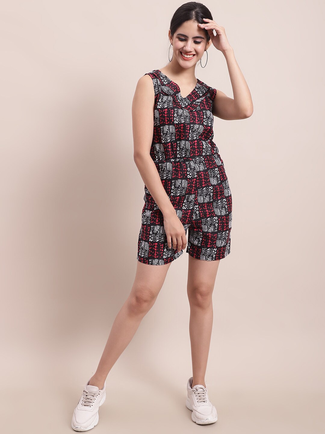 

KALINI Printed V-Neck Playsuit, Black