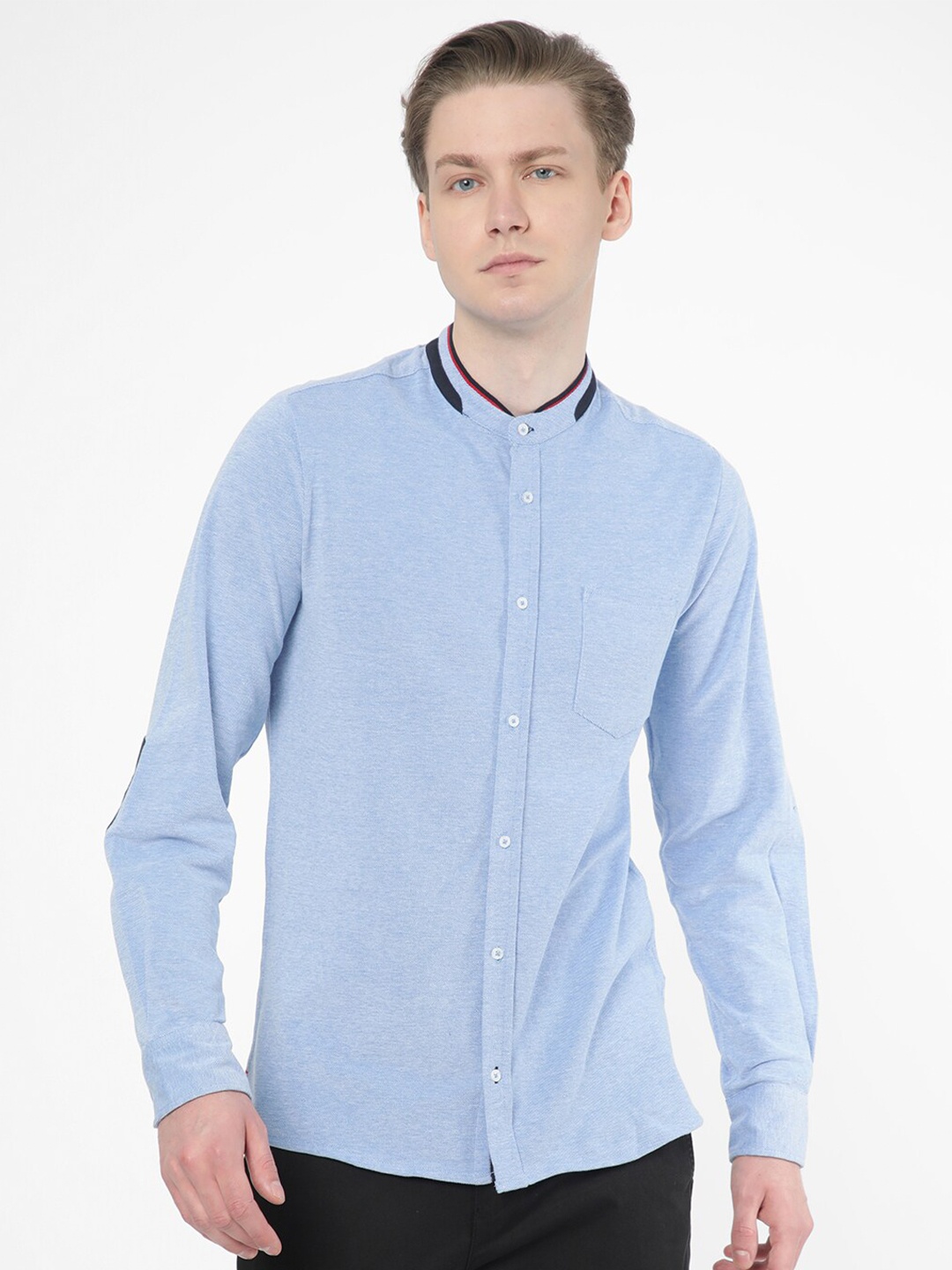 

R&B Band Collar Cotton Casual Shirt, Blue