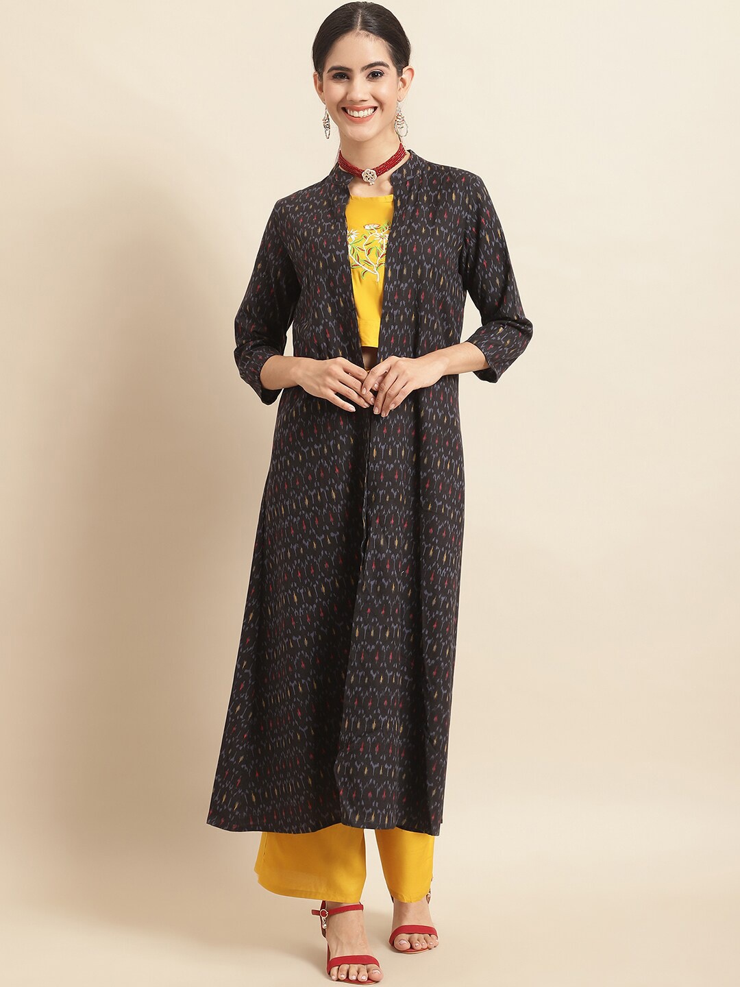 

KALINI Floral Embroidered Pure Cotton Crop Top With Palazzo & Printed Jacket Co-Ord Set, Mustard