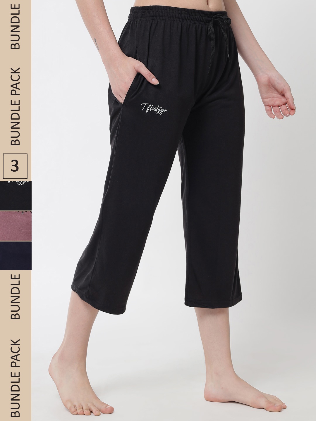 

FFLIRTYGO Women Pack of 3 Solid Lounge Capris, Black